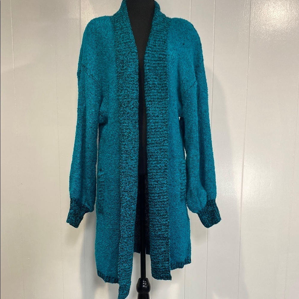 Vintage 80s Teal Long Cardigan | Quirky Artsy | Knit Open Pockets | Size Large
